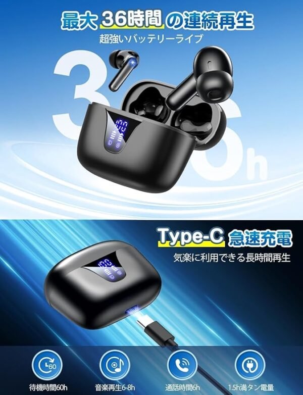 A1-36H-Battery-Type-C-Fast-Charging-Wireless-Earbuds A1長寿命バッテリー:36時間再生・Type-C急速充電(1.5時間満充電)