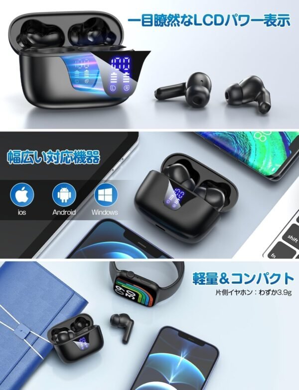 A1-TWS-Earbuds-iOS-Android-Windows-Cross-Platform-Lightweight A1イヤホン多機種対応:iPad/iPhone/Android/Windows接続可能、3.9g超軽量 A1 14.5mmドライバー:ENC+CVC8.0二重ノイズキャンセリングで高音質通話