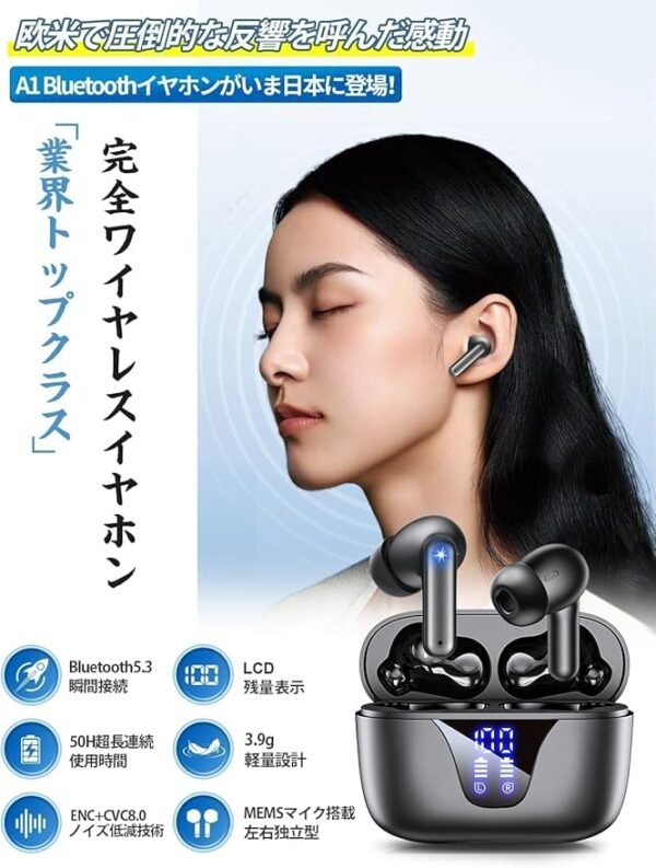 A1-Wireless-Earbuds-Bluetooth5.3-LCD-Display-50H-Battery-Lightweight A1完全ワイヤレスイヤホン:Bluetooth 5.3搭載、50時間再生・LCD充電表示・3.9g軽量設計