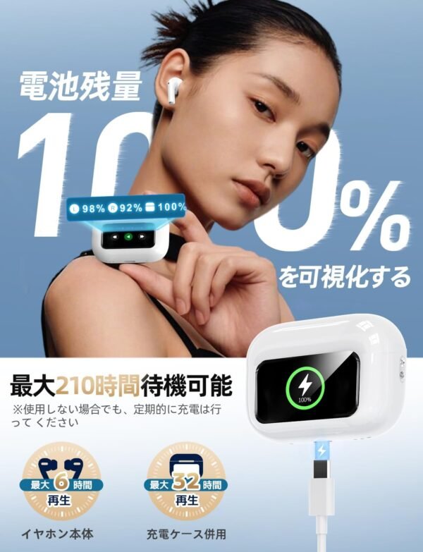 電池残量を可視化。最大210時間待機、6時間再生、32時間充電ケース併用