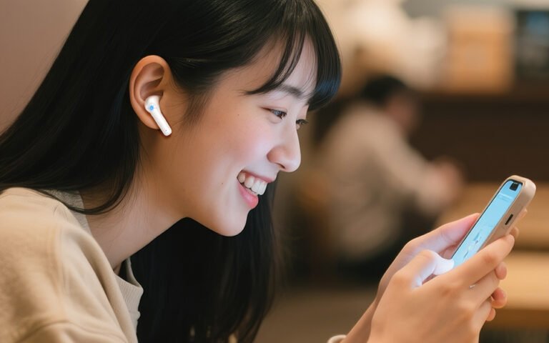 カフェでZZUワイヤレスイヤホンを着用、スマホで音楽を聴きながら微笑む女性