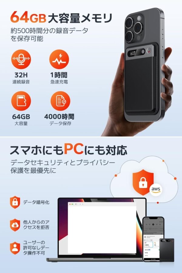 a8-64gb-memory-recorder A8レコーダーの64GB大容量仕様 500時間録音可能 32時間連続使用 データ暗号化でセキュリティ保障